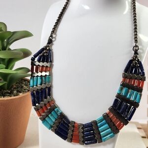 #2552, VTG ETHNIC TRIBAL NECKLACE, TURQUIOSE, LAPIS LAZULI, & CORAL, SIZE 15"